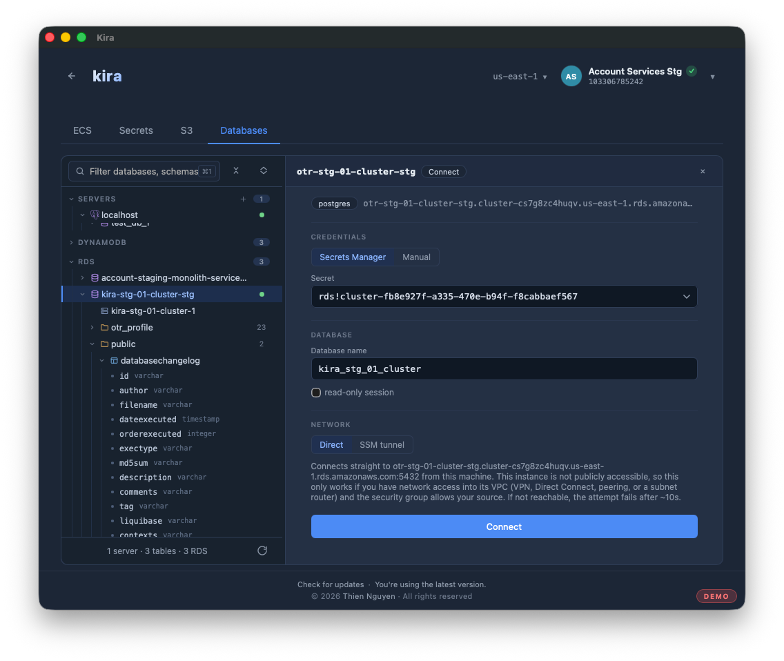 Kira tự động nhận diện RDS/DYNAMODB, có thể chọn secret làm credential