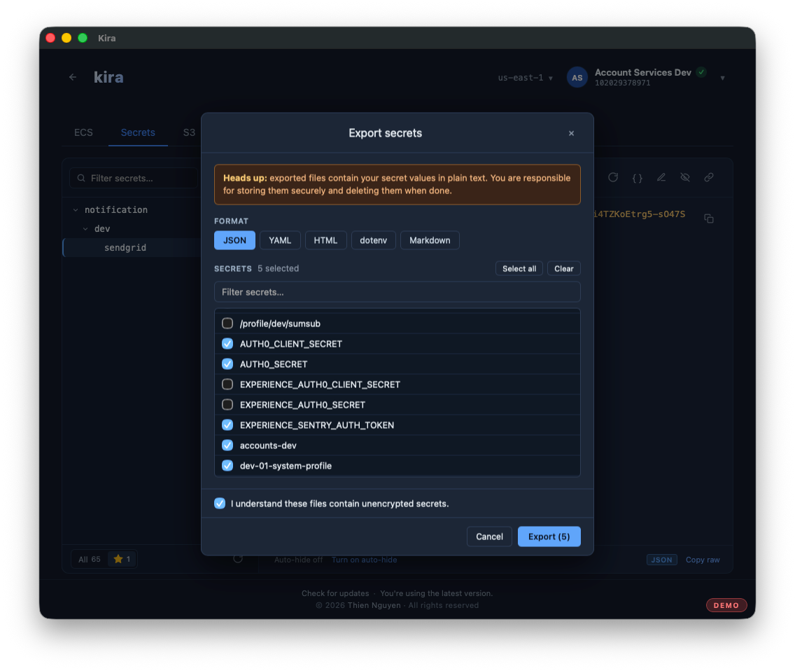 Kira cho phép bạn export secrets ra nhiều định dạng khác nhau
